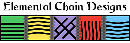 Elemental Chain Designs logo featuring five colors from left to right, green, yellow, purple, red, and blue. All colors but purple have a line symbol representing the four elements. Once again from left to right, earth, air, fire, and water. The purple sware has the viking bind rune for eternal love which combines Gebo and Jera.